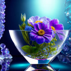 Colorful watercolor painting of purple flowers in white bowl on blue backdrop