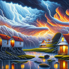 Fishing in small boat on stormy sea with vibrant house on stilts