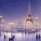 Tranquil winter dusk scene with frozen lake, boats, snow-covered trees