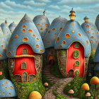 Colorful Mushroom Houses in Fantasy Landscape with Stone Pathway