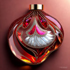 Heart-shaped perfume bottle with jewel and floral motifs on red background.