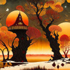 Vibrant red trees, moons, planets in fantasy landscape