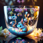 Colorful Mice in Transparent Bowl with Blue Light and Flowers