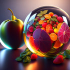 Colorful liquid sphere with strawberries and chocolate, dynamic splashes on blurred background