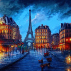 Watercolor painting of Paris twilight with Eiffel Tower & European buildings