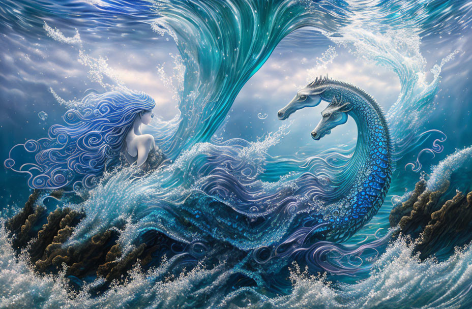 Mystical dragon and figure in ocean waves under cloudy sky