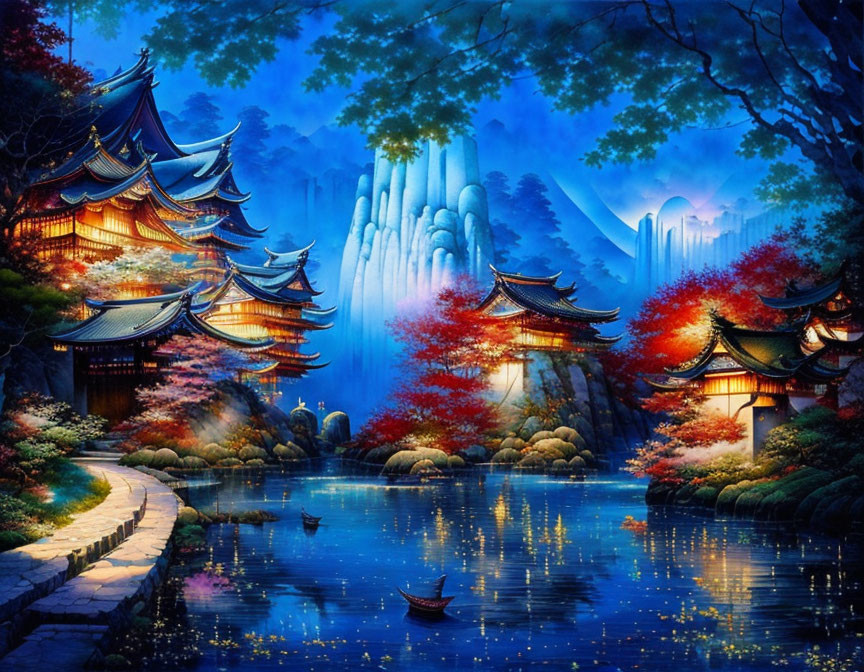 Digital Artwork: Asian Pagoda Structures in Mystical Landscape