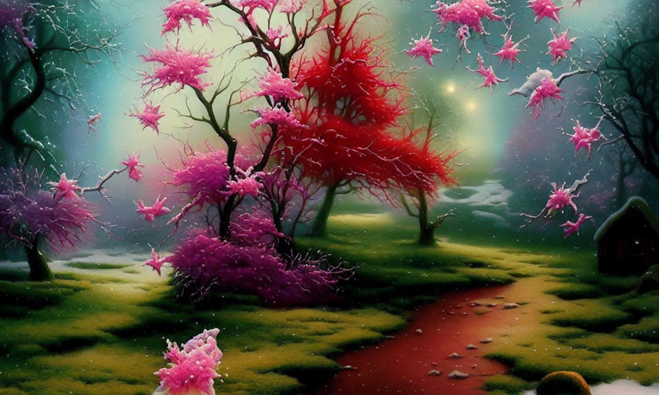 Fantasy landscape with pink and red foliage, green path, small house, and mystical lights in mist