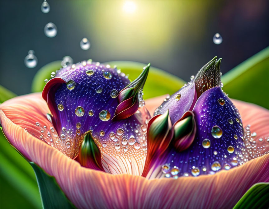 Vibrant purple flowers with water droplets on soft-focus green background