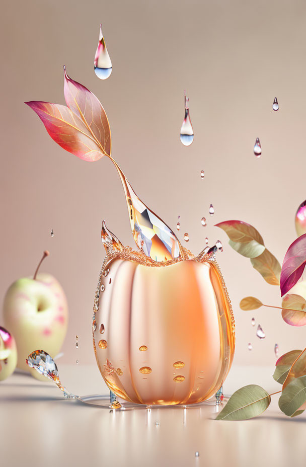 Glass apple with liquid splash, leaves, and droplets on warm-toned background