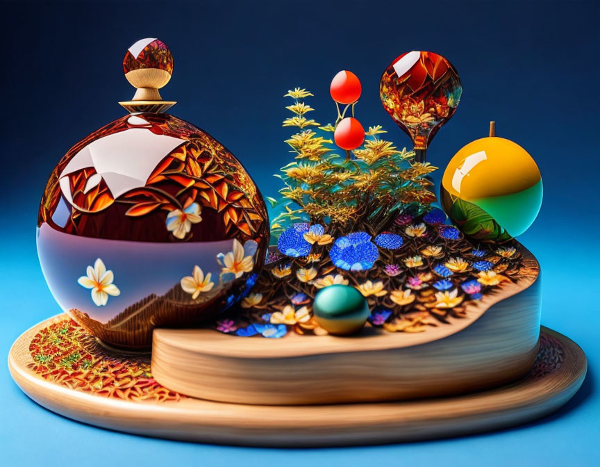 Colorful glass orbs, tree, and spheres on wooden platform against blue background