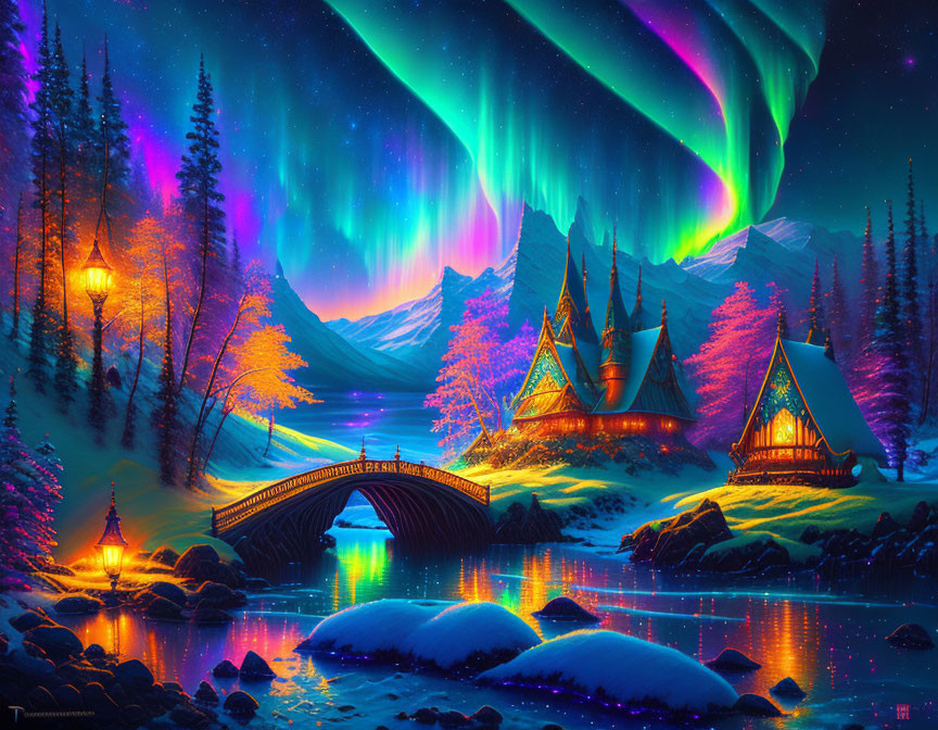 Colorful snowy night landscape with aurora borealis, cabins, bridge, lanterns, and river