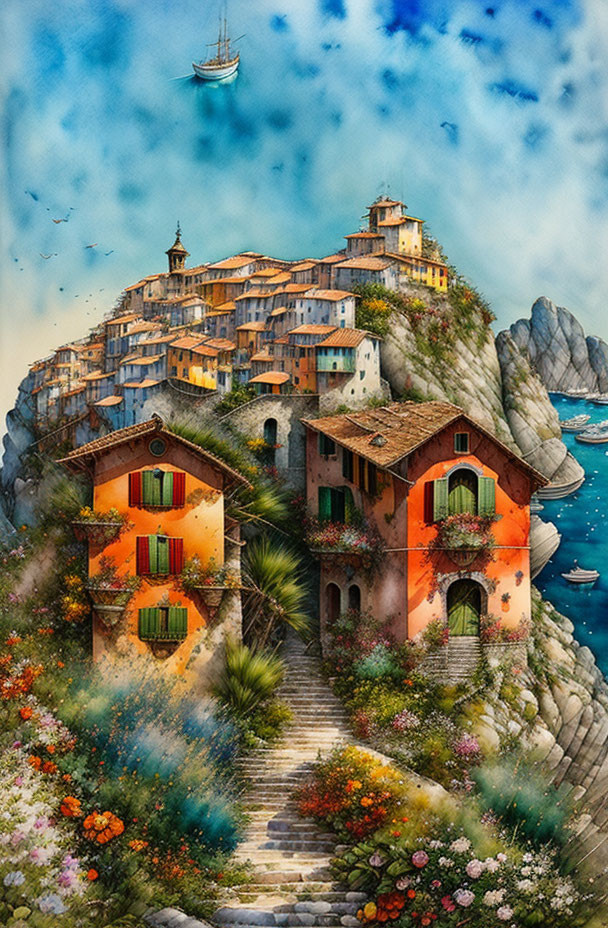 Vibrant cliffside village artwork with terracotta roofs and sea view