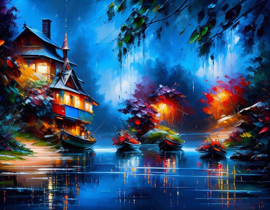 Colorful lakeside cottage digital art with boats and foliage at night