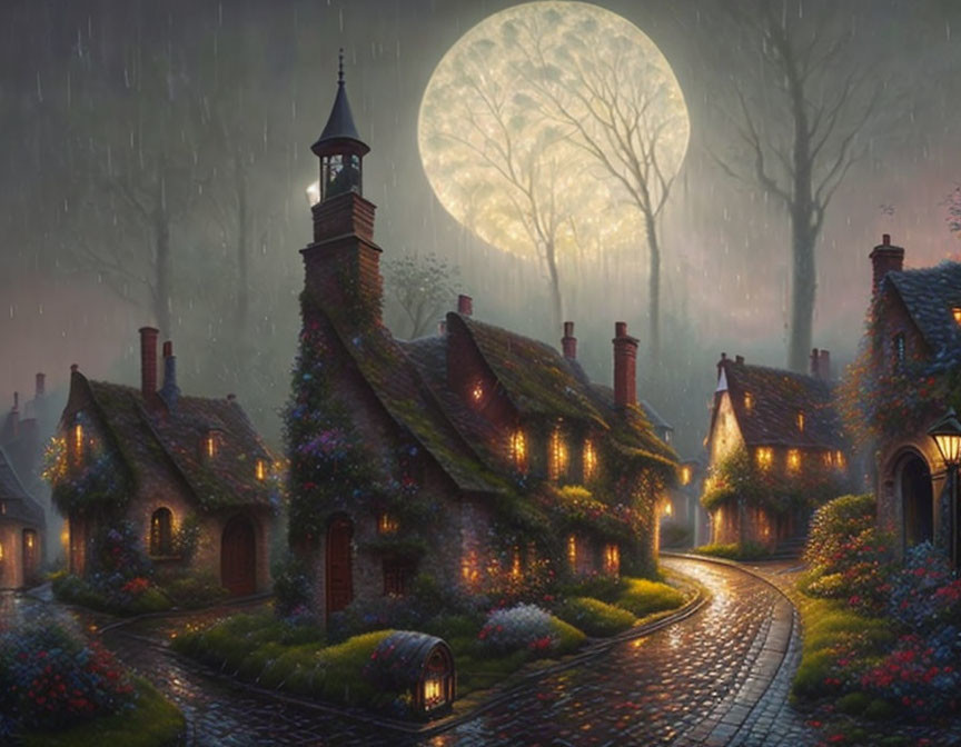 Enchanting night scene of fairy-tale village with illuminated cottages, cobblestone path,