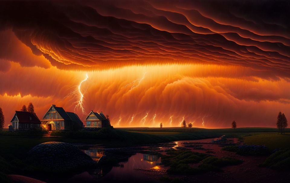 Intense orange clouds and lightning over tranquil river houses at dusk