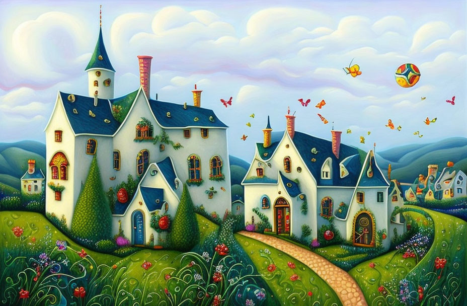 Colorful painting of whimsical castle and gardens with butterflies and balloon