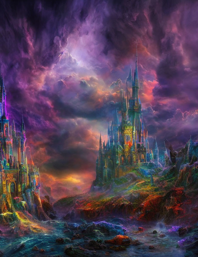 Majestic fantasy castle in surreal colorful landscape