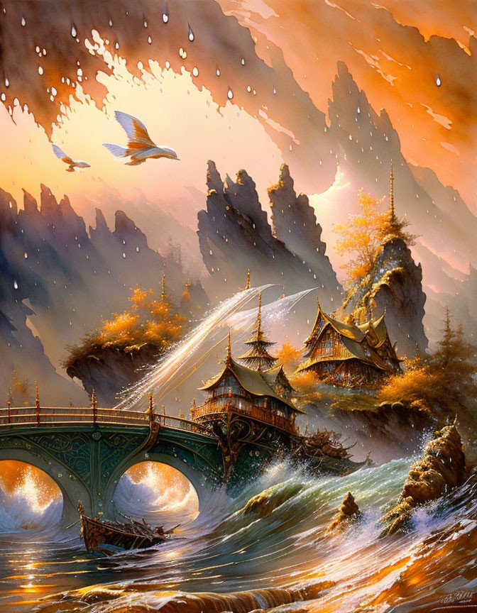 Fantasy painting: Ornate bridge over turbulent waters, traditional buildings on rocky peaks, amber sky.