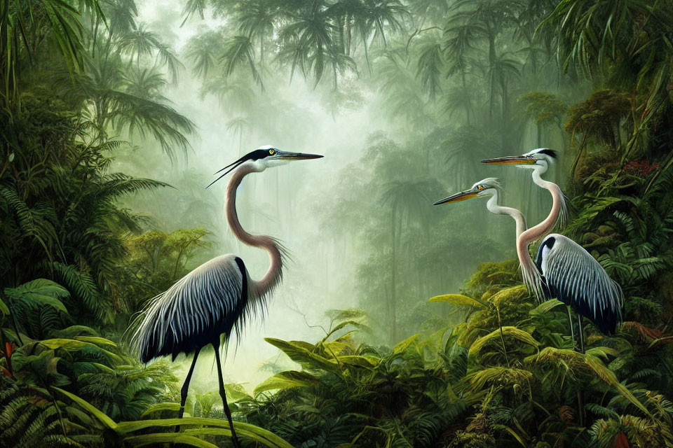 Three Herons in Lush Greenery of Misty Tropical Jungle