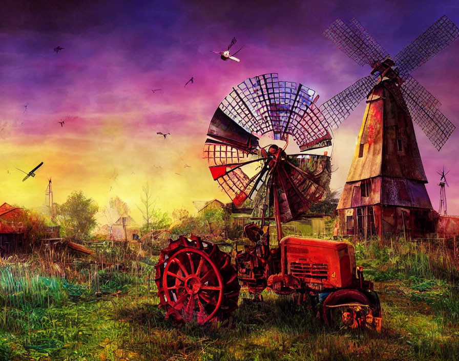 Colorful scene: old tractor in field, windmills, dramatic sky, birds, sunset hint