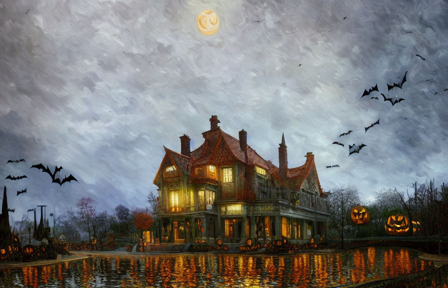 Spooky Halloween illustration: haunted house, glowing pumpkins, bats, full moon