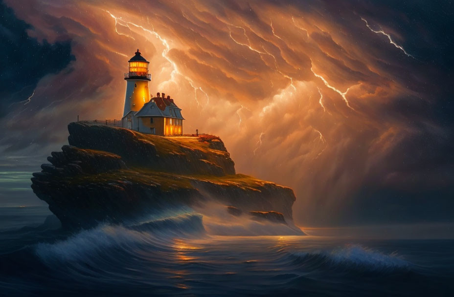 Lighthouse on rocky cliff with stormy sky and crashing waves