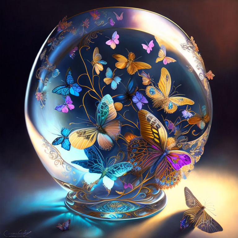 Colorful Butterflies in Luminous Glass Sphere with Gold Designs