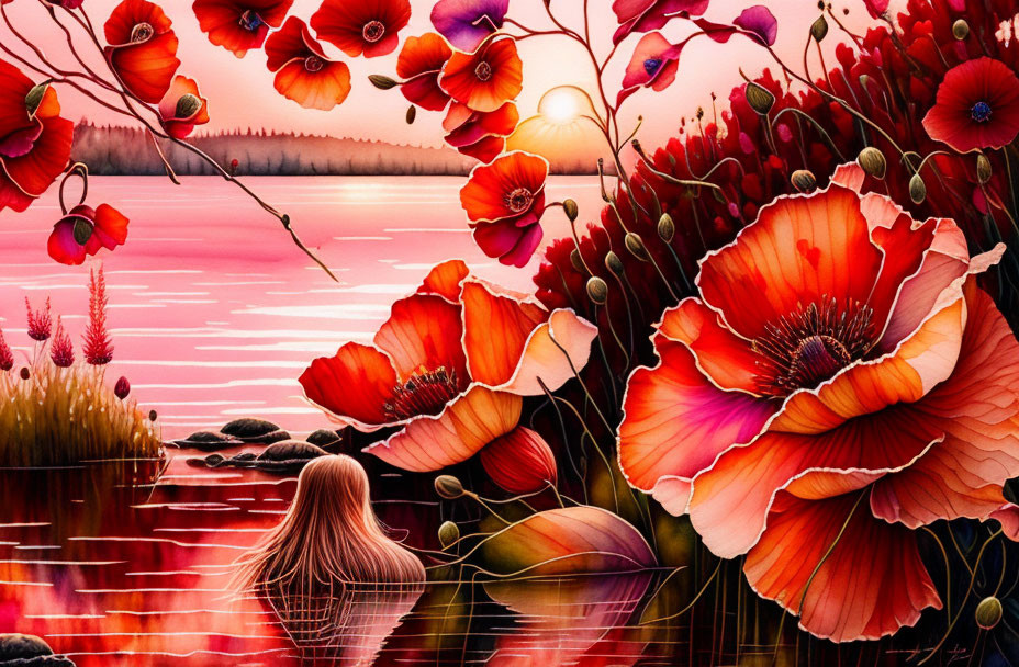 Long-haired person by lake at sunset with red flowers and greenery