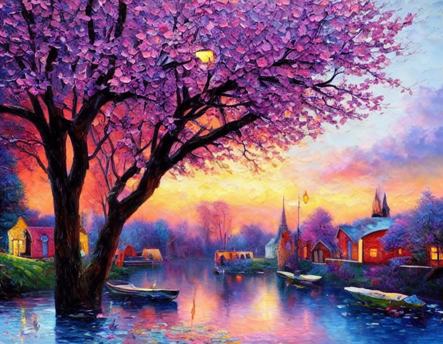 Serene riverside village painting with cherry trees, colorful houses, church, and boats at dusk