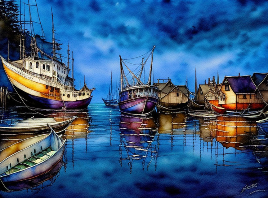 Vibrant boats and buildings mirrored in serene nighttime waters.