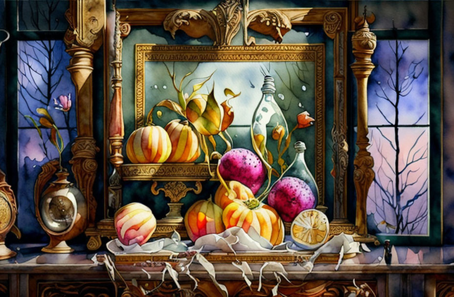 Colorful Still Life Painting with Pumpkins, Fruits, Lantern, and Twilight Sky