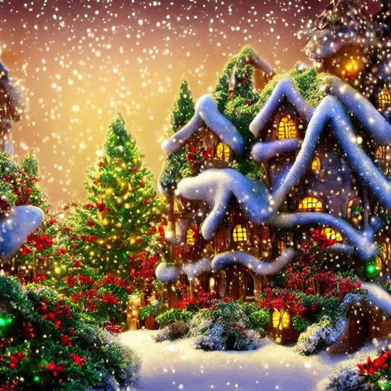 Winter scene with falling snow, Christmas trees, lit house, colorful lights, and fresh snow.