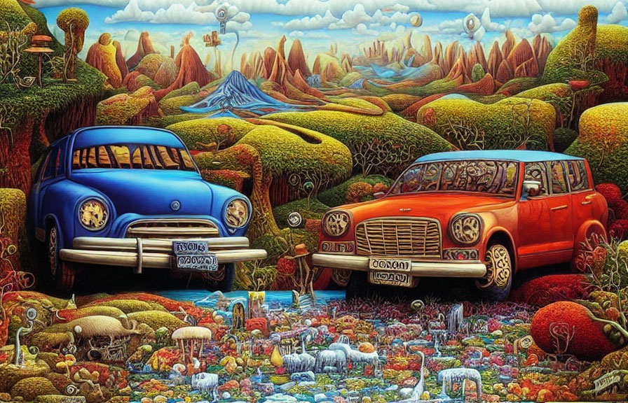 Colorful surreal landscape with classic cars and whimsical flora