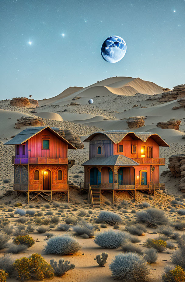 Colorful Houses on Stilts in Surreal Desert Twilight