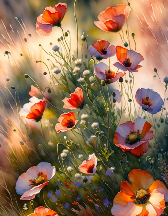 Bright red poppies in sunlight with white flowers and bokeh effects