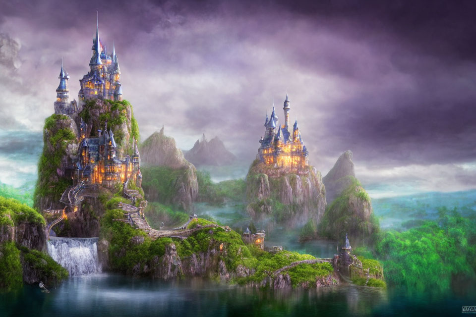 Majestic castles on rocky peaks with bridges and waterfalls in mystical landscape