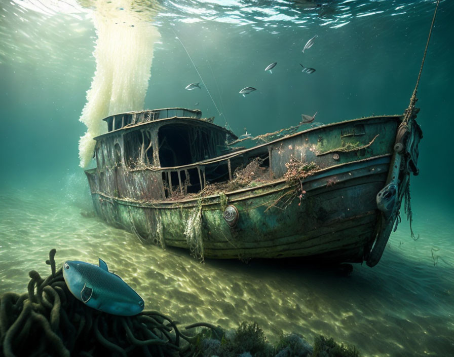 Sunken ship surrounded by marine life and coral under sunlight.