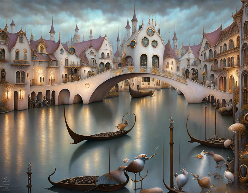 Serene fantasy canal city painting at dusk