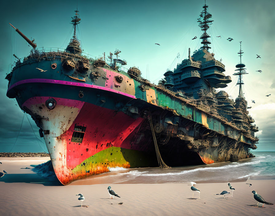 Rusting battleship on sand under pastel sky surrounded by seagulls