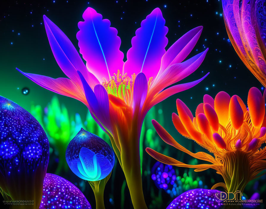 Colorful digital artwork of glowing fantasy plants on starry night sky