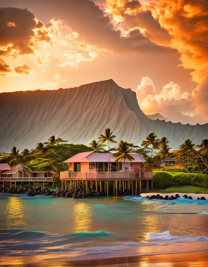 Stilt Houses on Tropical Beach with Mountain View