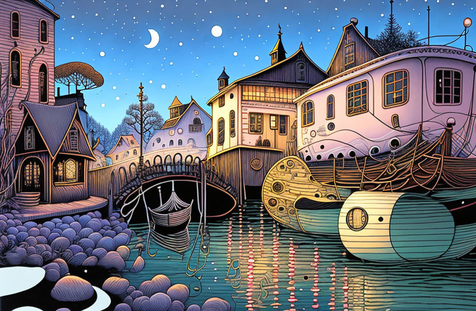 Colorful stylized village night scene with boats, vibrant sky, crescent moon.