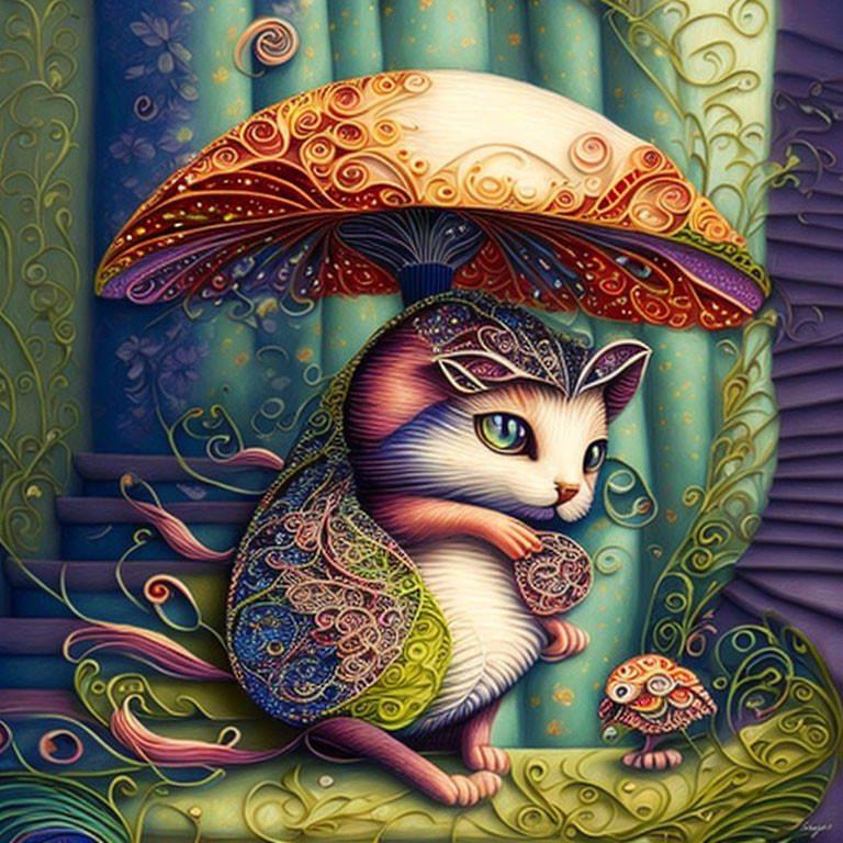 Colorful Cat and Mushrooms in Whimsical Forest Illustration