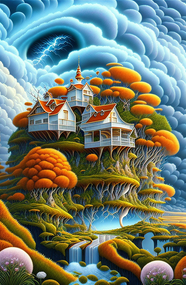 Surreal floating island with traditional house, orange trees, stormy sky.