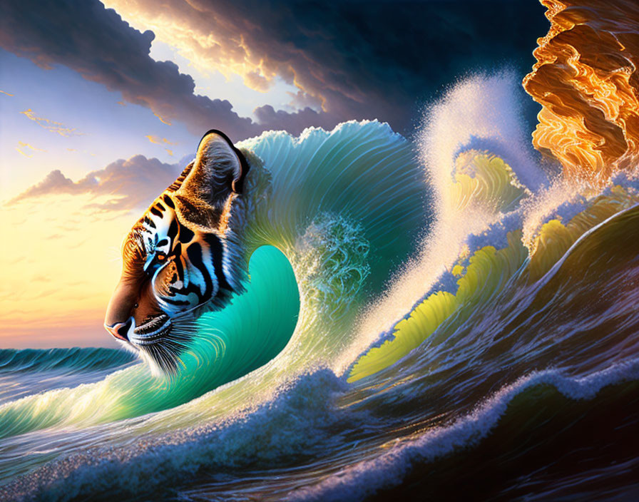 Surreal tiger face in blue ocean wave under dramatic sunset sky