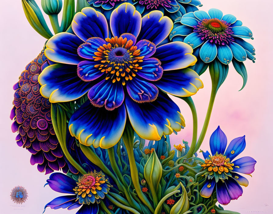 Colorful painting of blue petal flowers with intricate patterns on pink background