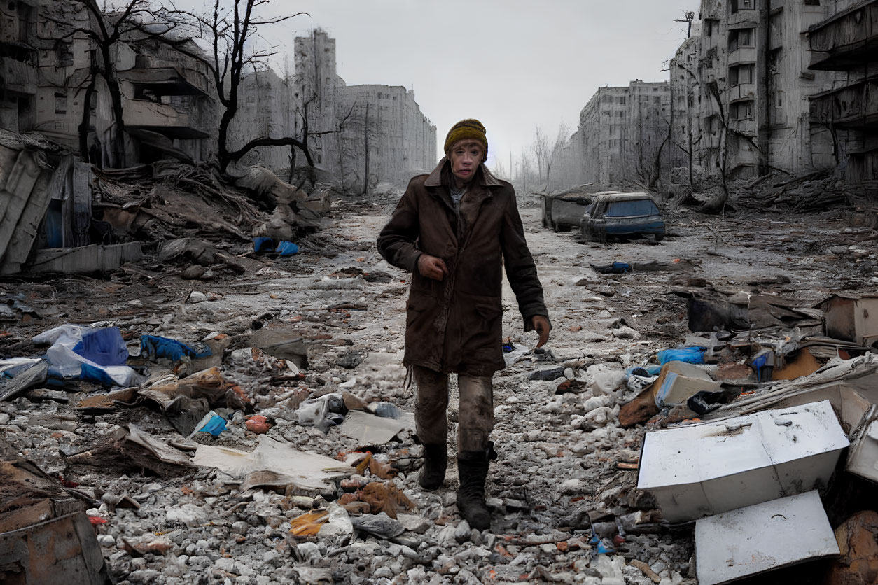 Desolate urban street with debris and ruined buildings