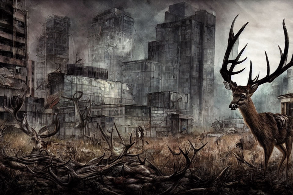 Desolate cityscape with stag under gloomy sky