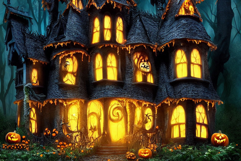 Eerie Gothic-style house in spooky forest with jack-o'-lanterns